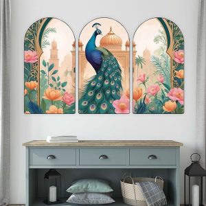 Cosy LUXEE Set of 3 Peacock Lotus Palace 3 Panel Wall Art