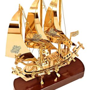 COSY LUXEE Brass Ship with Wooden Base,